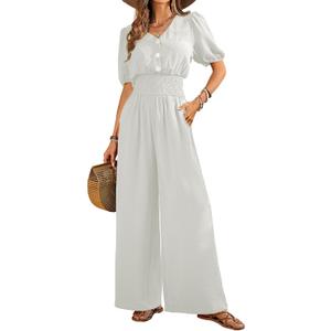 LOOKBOHO Jumpsuits for Women Dressy Casual Short Sleeve Pants Rompers 2026 (White, L)