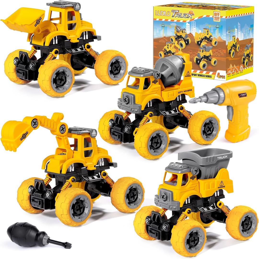 LUDILO 4PCS Take Apart Toys for 4 Year Old Boys Construction Toys with Electric Drill DIY Assembly Building Stem Toys Trucks Gifts for 3 4 5 6 7 8 Year Old Boys Girls Kids Learning Educational Toys