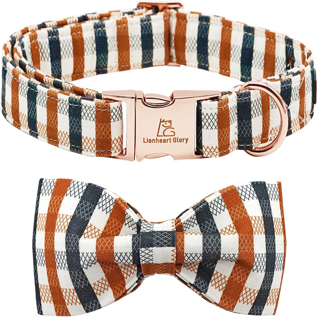 Lionheart glory Plaid Dog Collars Bowtie Dog Collar Heavy Duty Adjustable Fall Dog Collar for Medium Dogs Collar Dog Bow Male Dog Collar (Medium (Pack of 1, Brown Black rid)