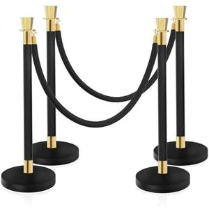 Red Carpet Ropes and Poles, Rope Safety Barriers with 5 ft Black Rope, Stainless Steel Barriers for Party, Museums, Wedding, Easy Connect Assembly, 4PCS