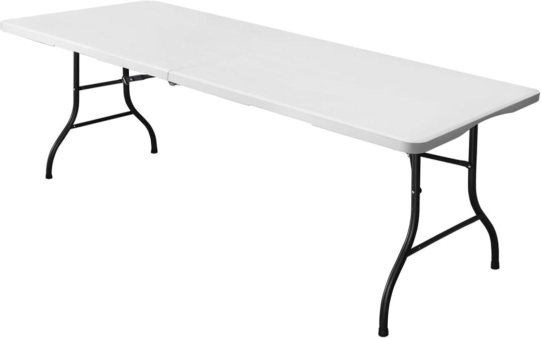 8ft Folding Table, Portable Heavy Duty Plastic Fold-in-Half Utility Table for Indoor/Outdoor Use, Dining, Camping, Picnic, Party, White