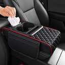 5 in 1 Car Center Console Cover, Armrest Pad with 2 Storage Pockets, Cup Holder, Tissue Box Slot, Phone Holder, Universal Car Interior Organizer, Color: Black with Red Stitching
