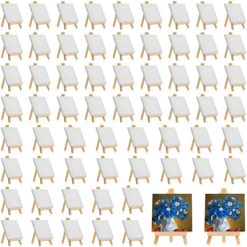 32 Pack 5 x 5 Inch Mini Canvases with Easel Sets for Painting Small Art Stretched Canvases Panels Pack with Wood Display Easel for Kids Classroom Crafts Back to School