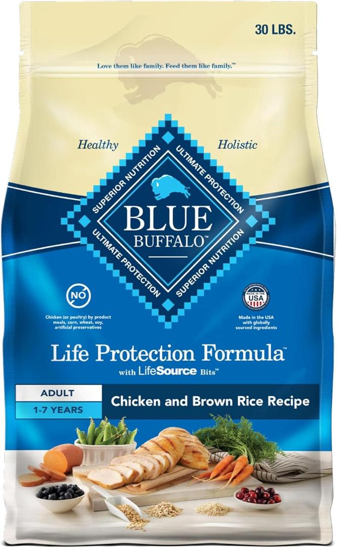 Blue Buffalo Life Protection Formula Adult Dry Dog Food, Helps Build and Maintain Strong Muscles, Made with Natural Ingredients, Chicken & Brown Rice Recipe, 30-lb. Bag (EXP 08/21/27)