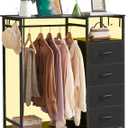 Somdot Black Dresser for Bedroom with Hanging Rack LED Lights and Charging Station, 4 Drawers Dresser with Clothes Rack, Tall Storage Chest of Drawers for Closet Hallway Living Room Nursery