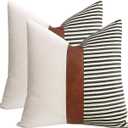 20x20 Pillow Covers Set of 2 Farmhouse Decor Stripe Patchwork Linen Throw Pillow Covers Modern Faux Leather Covers for Couch Sofa,Black