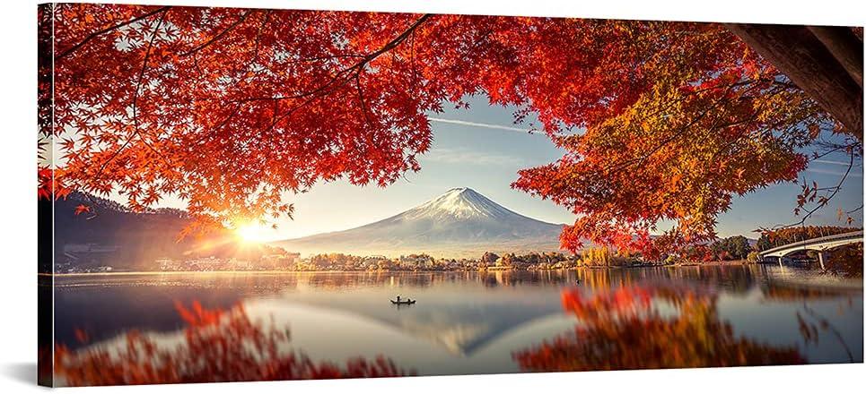 Canvbay Framed Canvas Prints Mount Fuji Wall Art Japanese Mountain over Lake in Sunrise Modern Nature Landscape Pictures Red Maple Leaves Canvas Print Nature Scenery Wall Decor for Home 20x48inch