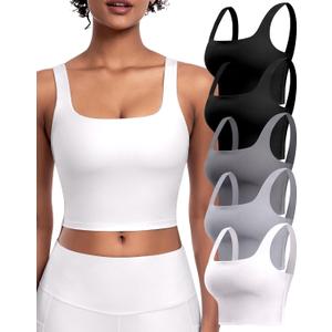 Womens Sports Bras 5 Packs - Square Neck Longline Workout Crop Tank Tops Padded Yoga Camisole with Built in Pads (L)