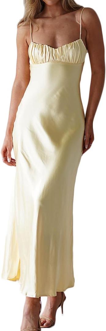 Satin Spaghetti Strap Backless Ruched Twist Cocktail Dresses for Women Silk Open Back Cut Out Midi Dress Wedding Guest (X-Small, Yellow)