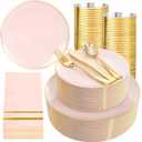 NOCCUR 350PCS Pink and Gold Plastic Plates - Pink Disposable Plastic Dinnerware Set for 50 Guests Include 50 Dinner Plates,50 Dessert Plates,150 Gold Cutlery,50 Cups&50 Napkins for Party&Wedding