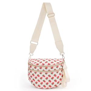 Crescent Crossbody Bum Bag for Women, Large Nylon Sling Belt Bag, Trendy Checkered Fanny Pack, Multi-Pocket Shoulder Purse (Strawberry Print - Beige)