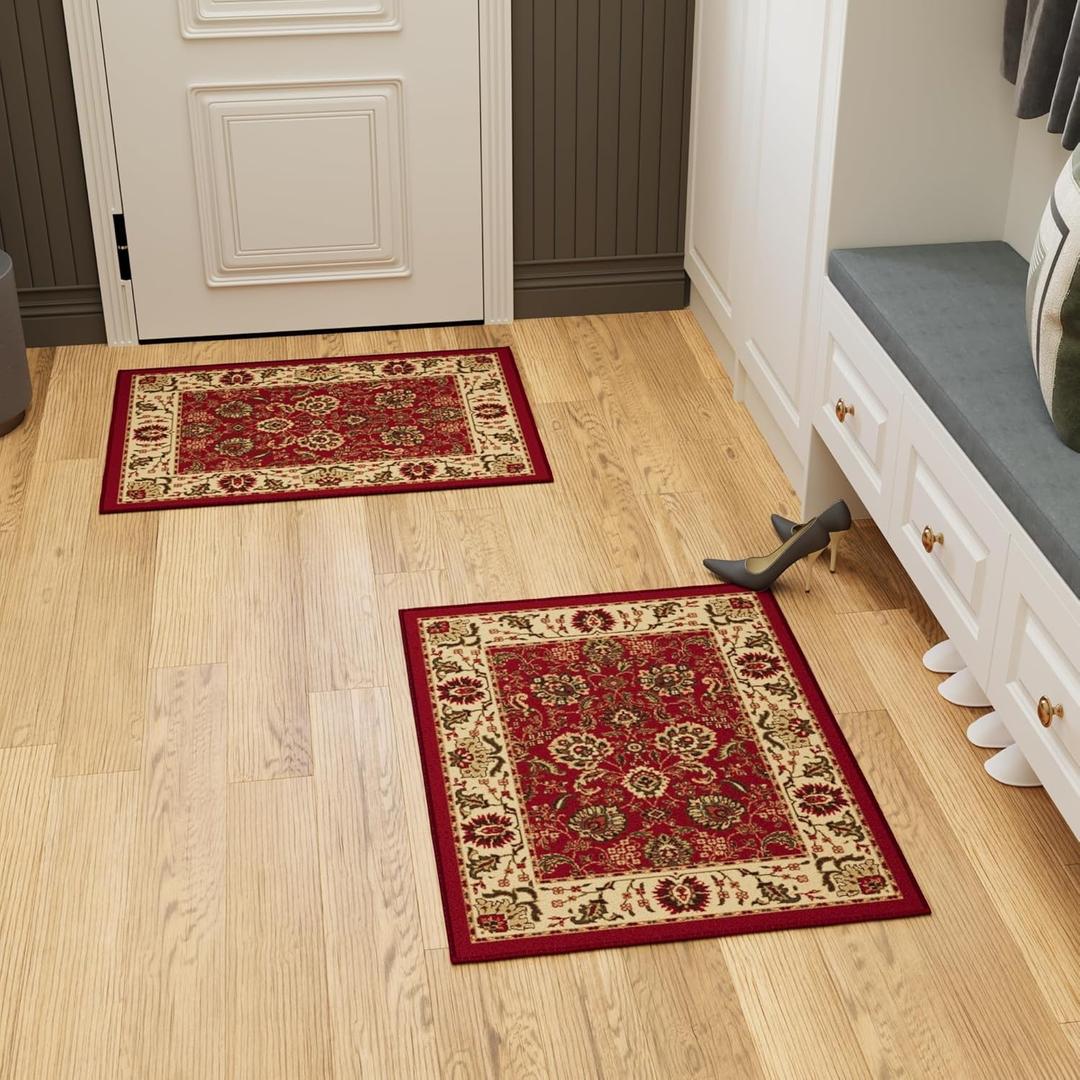 Ottomanson Rugs for Entryway 2'3" x 3' - 2 Pack Non Slip Oriental Small Area Rugs Durable Front Door Mat Rug Stain Resistant Entrance Rugs for Bathroom Kitchen Bedroom & Living Room, Red