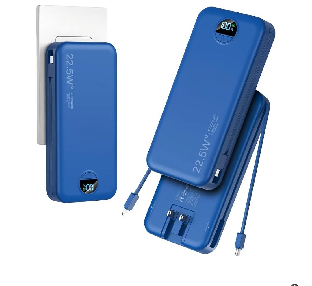20000mAh Ultra-Portable-Charger-Power-Bank PD20W with Built in Cables&AC Wall Plug,Fast Charging Cell Phone Charger Battery Pack,LED Display Travel Battery Bank for All iPhone,Samsung,Android