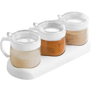 Glass Condiment Spice Jars,12oz/350 ml Condiment Jar Spice Container with Lids and Spoons and Tray,Clear Glass Condiment Canisters,3Pack Seasoning Box Bowl Set for Sugar Pepper,for Kitchen,Counter