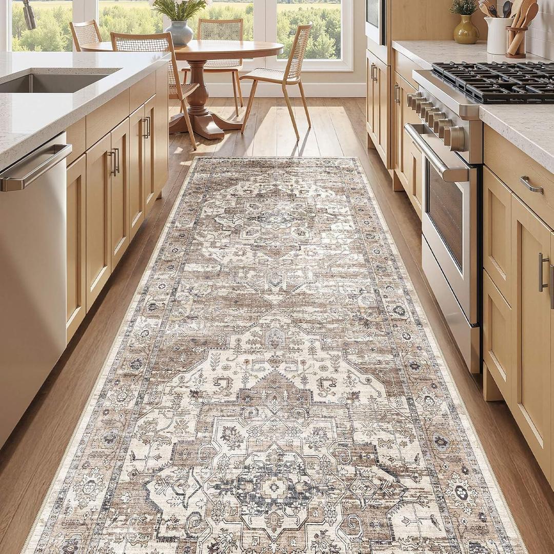 3x14 Washable Runner Rug :Hallway Runner with Non Slip Backing Farmhouse for Bedroom Bathroom Living Room Rug Vintage Large Soft Entryway for Kitchen Laundry Room Stain Resistant Carpet-Tea Brown