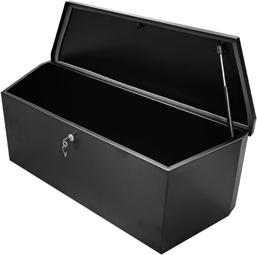 MaxxHaul 80350 Black Steel Tongue Box Tool Chest, Tool Box Trailer Storage Organizer with Lock and Keys, for Pick Up Truck Bed, RV