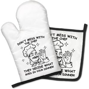 Don't Mess with The Chef They Decide What Goes in Your Dinner Funny Oven Mitts and Pot Holders Set, Home Cooking Baking Tools, Housewarming Gifts for Male Host, Kitchen Gifts for Dad Uncle Men