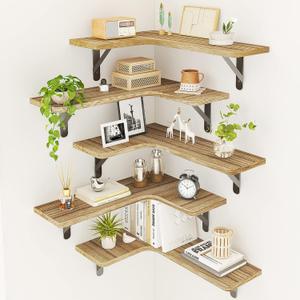 Fixwal Corner Floating Shelves Set of 5, Rustic Wood Wall Mounted Corner Shelf for Bathroom, Kitchen, Bedroom, Home Decor, Laundry Room, Living Room(Carbonized Black) (1-carbonized Black)