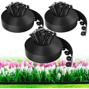 100ft,1.5in Tall Landscape Edging Kit with 150 Spikes, No-Dig Flexible Plastic Edge Border for Landscaping, Lawn, Garden, Flower Beds, Yard, Paver, Playground, Fence, Pathway, Black,3pack, 33ft Each