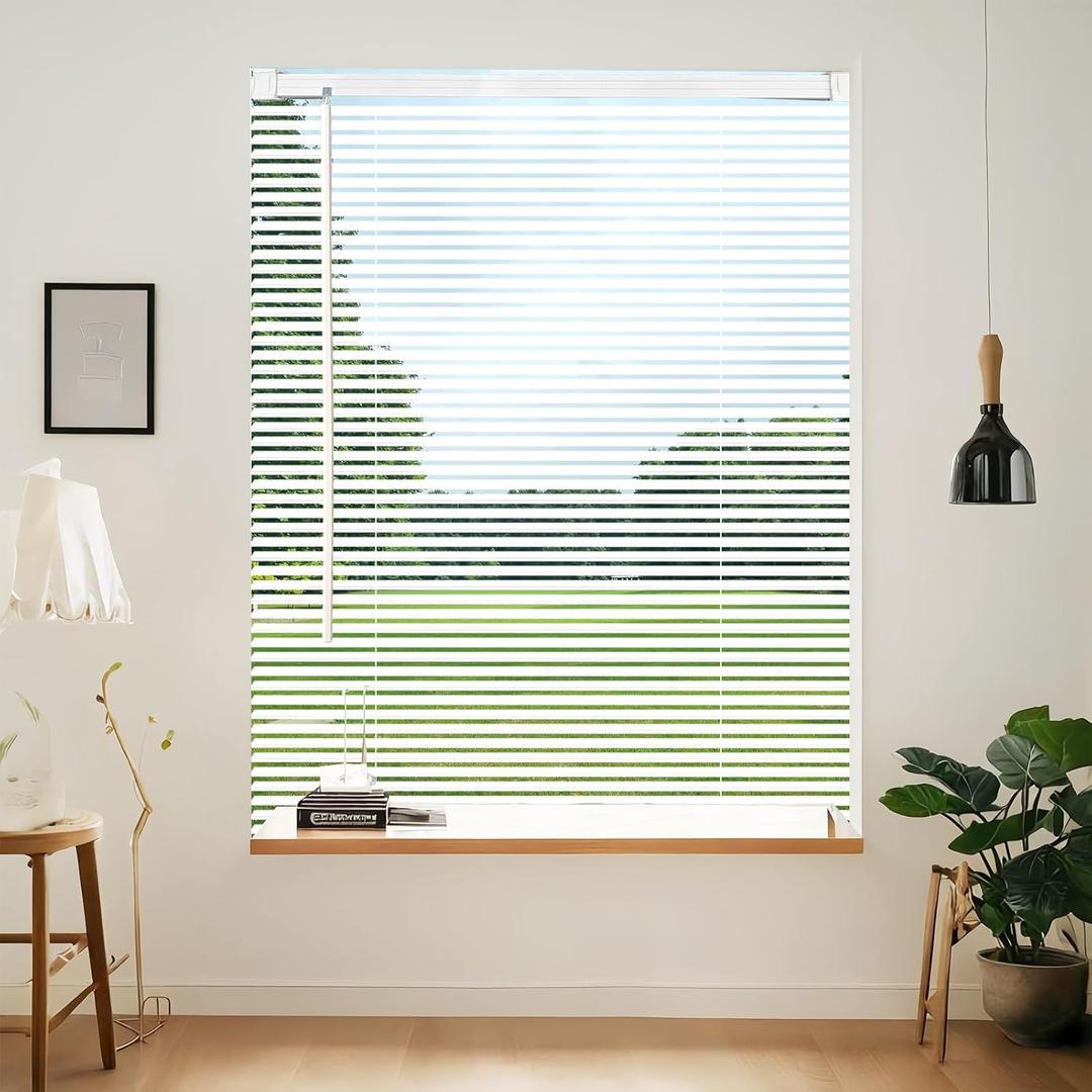 Cordless Vinyl Mini L Blinds 44" W x 48" H, 1" Slat White Horizontal Windows L Blind for Door, Shades, Camper, Light Filtering, Interiors, Arrive 1/2 Inch Narrower Indoor