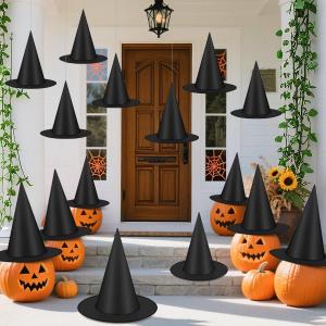 29 IYEBRAO 15 Pcs Halloween Decorative Witch Hats, Thick Black Witch Hats Bulk, With 147 FT Rope Hanging Witch Hat, Halloween Outdoor and Indoor Decoration Party Supplies, Witch Costume Accessories