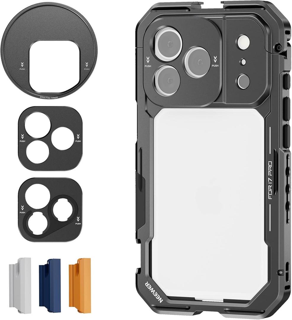 NEEWER Phone Cage Compatible with iPhone 17 Pro, Quick Release Video Rig Stabilizer Accessories with 67mm Filter Ring, 17mm Lens Backplate, T Mount Adapter, 4X Camera Control Cap, PA143 (Black)
