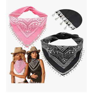 Vabean 2 Pcs Disco Rhinestone Fringed Bandana Paisley Bandanas Cowgirl Bachelorette Rhinestones Tassel Kerchief