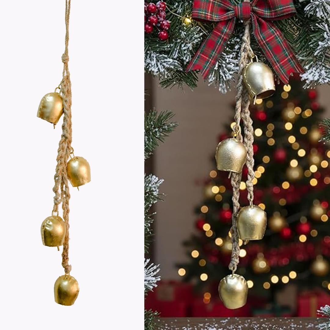 Christmas Hanging Large Cow Bells - Rustic Golden Metal Bells for Farmhouse, Garden & Holiday Décor (Medium Rope (Set 4)