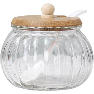 LIFKOME Salt Cellar Glass Sugar Bowls with Wooden Lid Pumpkin Shaped Jar Condiment Pots Salt Canister Seasoning Storage Containers Candy Jar for Kitchen Salt Cellar Salt Box