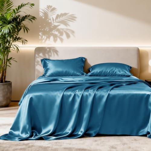 Love's cabin Satin Queen Sheets Set - 4 Piece Teal Silky Bed Sheets with Deep Pocket, Luxury Silk Feel Satin Queen Size Sheet Set (1 Flat Sheet,1 Fitted Sheet,2 Pillow Cases)