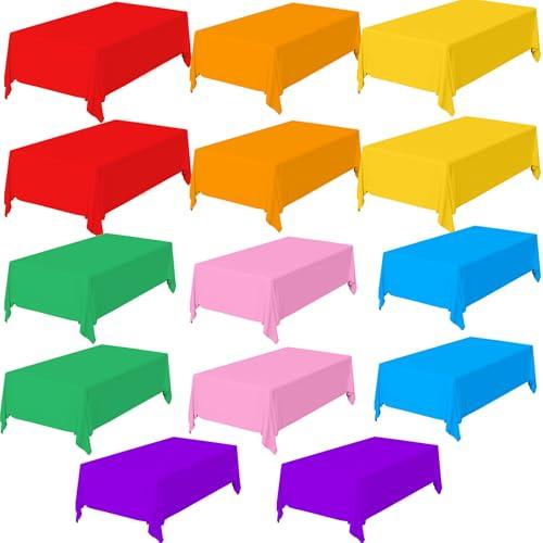 CUUSNNY 14 Packs Disposable Rectangle Plastic Tablecloths,Rainbow Assorted Color Table Cloth,Pastel Rectangle Table Cover for Holiday Party,Dinner,Birthday,Picnic,Wedding,Baby Shower(54 x 108 Inch)