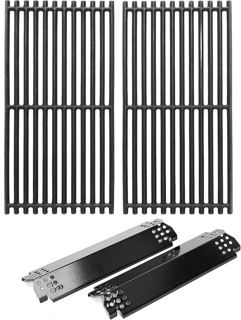 Hisencn Grill Replacement Parts for Nexgrill 720-0864 720-0864R 720-0864M, 14 9/16" Porcelain Steel Heat Plates, 17″ Cast Iron Grill Cooking Grates for Nexgrill Replacement Parts 2 Burner Grill