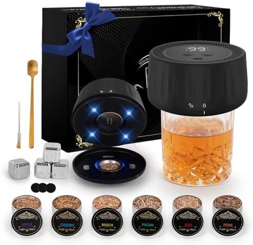 Electric Drink Smoker Kit with LED Lights, 4 Reusable Ice Cubes and 6 Flavors Natural Wood Chips, Cocktail Smoker Kit for Home Bar, Gift Set for Men, Dad, Husband