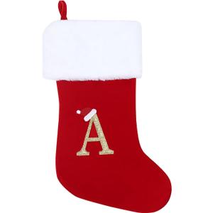 20 Inches Monogram Christmas Stockings, Red Velvet with White Super Soft Plush Cuff Large Stocking Decorations for Fireplace Hanging and Family Xmas Holiday Party