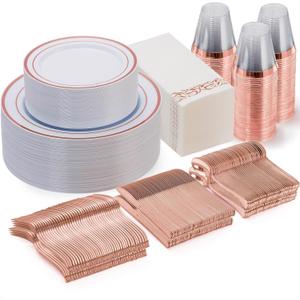 Goodluck 350 Pieces Rose Gold Dinnerware Set for 50 Guests, Plastic Plates Disposable for Party, Include: 50 Dinner Plates, 50 Dessert Plates, 50 Paper Napkins, 50 Cups, 50 Silverware Set