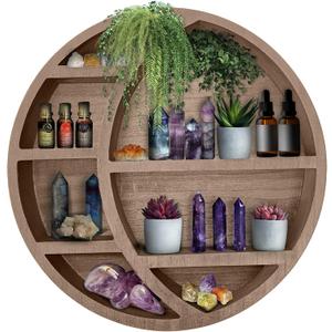 Wooden Floating Moon Shelf Wall Decor - Decorative Boho Home Hanging Display Shelf for Bedroom, Dorm, Nursery - Easy Mount Storage for Crystals and Essential Oils - 14 x 14 x 3.5 (Light Brown)