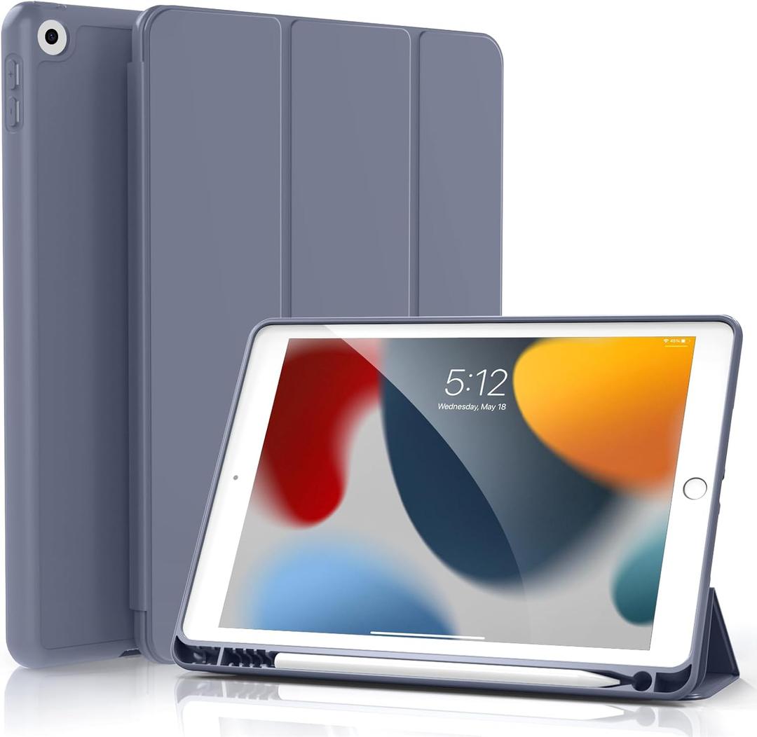 KenKe Case for iPad 9th Generation 2021/ iPad 8th Generation 2020/ iPad 7th Generation 2019 10.2 inch, Built-in Pencil Holder, Slim Trifold Stand Cover with Soft TPU Back, Auto Wake/Sleep, Purple Gray