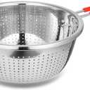 Stainless Steel Perforated Metal Colander Strainer with Long Red Handle Sieve Sifters Use for Kitchen Food Pasta Noodles Spaghetti Vegetables Silver - 10.24 inch (C072-Mer-26)