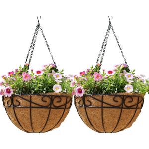 EIMQUVW Outdoor Metal Hanging Planters Basket (2pack, 12 inch) Hanging Baskets for Plants Chain Round Wire Plant Holder with Coco Fiber Liners for Garden, Patio, Deck, Porch(Flower Border)
