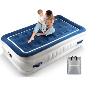 KINGJERRY Twin Air Mattress with Built in Pump and 4 Portable Handles, 18" Raised Comfort Blow Up Mattress for Guests, 440lb Support Air Bed with Carry Bags, Heavy Duty Inflatable Bed for Home&Camping