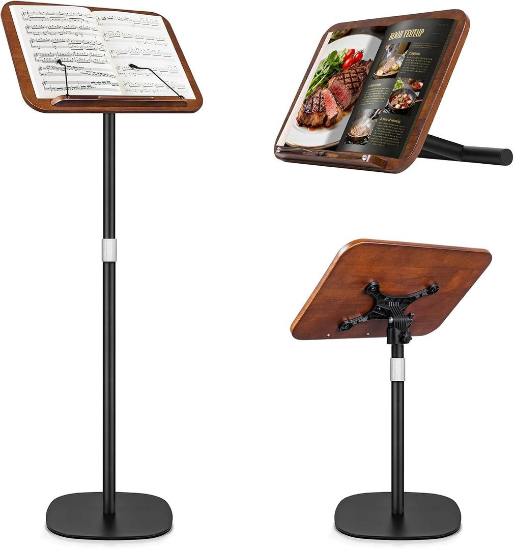 2 in 1 Dual-use Music Stand & Desktop Book Stand, Adjustable Height 16.5"-51", 100% Solid Wood Laptop Floor Stand Book Holder with Elastic Page Clips for Cookbooks (Black Walnut)