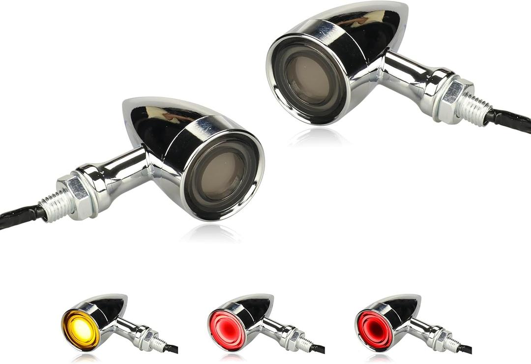 Motorcycle Rear LED Tail Lights Universal Turn Signals Chrome Bullet Running Light Motorbike Brake Taillights Compatible with Harley Honda Suzuki Yamaha Kawasaki