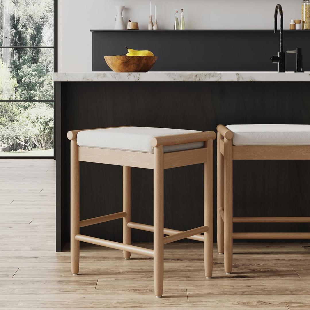 Nathan James Kirsten Scandinavian Backless Wooden Bar Stool, Boucle Bar Stool with Tapered Solid Wood Legs, Boucle/Light Brown