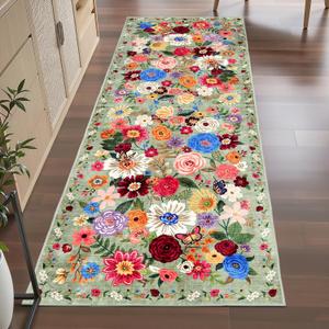 Rug for Hallways Green Kitchen Rug 2x6, Non Slip Washable Rugs with Rubber Backing Soft Floral Carpet Runner for Hallways, Kitchen, Laundry, Bedroom, Bathroom (2 x 6, Green Garden)