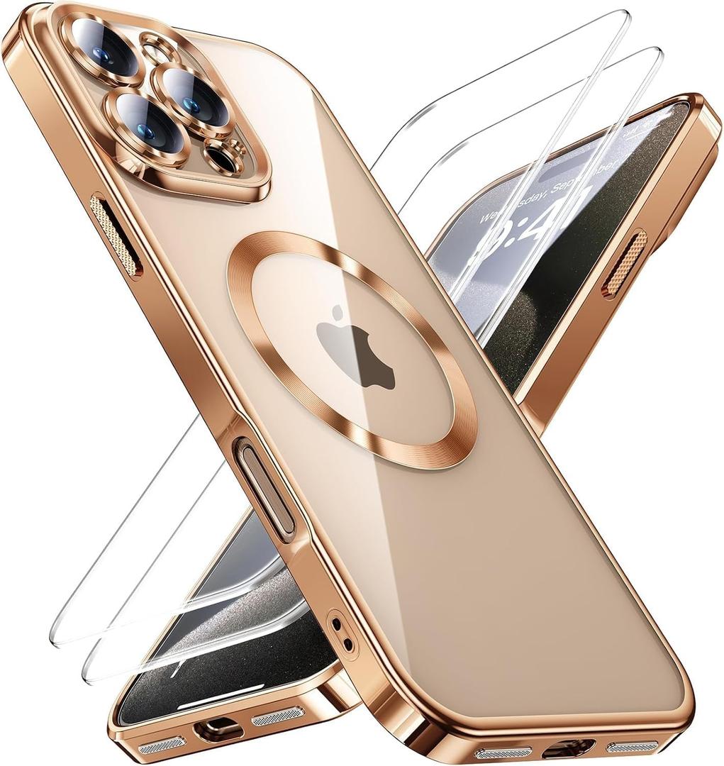 JUESHITUO for iPhone 16 Pro Case with 2X Screen Protection [Built-in Lens Protector] [Stronger N56 Magnets] [Not-Yellowing] Compatible with Magsafe Women Girls Color Clear Case (6.3")- Desert Gold