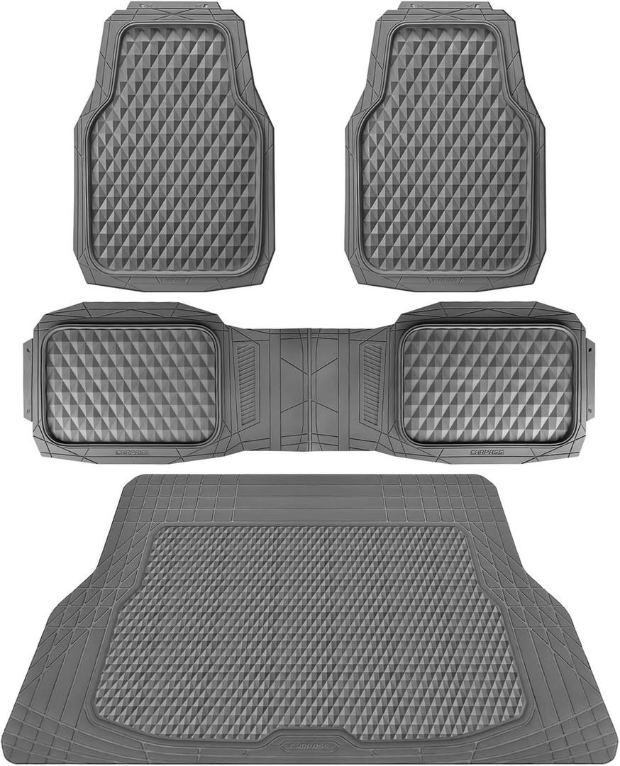 CAR PASS Heavy Duty Rubber Gray Car Floor Mats & Cargo Liners, Deep Dish All-Weather Trunk Mats Durable Anti-Slip 3D Rhombus Waterproof Trim to Fit Liner Universal Fit Auto,Sedan,SUV,Truck, Gray