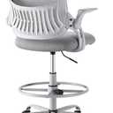 Sweetcrispy Tall Drafting Desk Chair - Ergonomic High Stool Computer with Adjustable Height and Comfy Lumbar Support, Office Rolling Counter with Flip-up Arm and Footrest, Grey