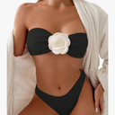 MakeMeChic Women's Two Piece Bikini Set 3D Flower Textured Strapless Bandeau Tie Back Bathing Suit M Black