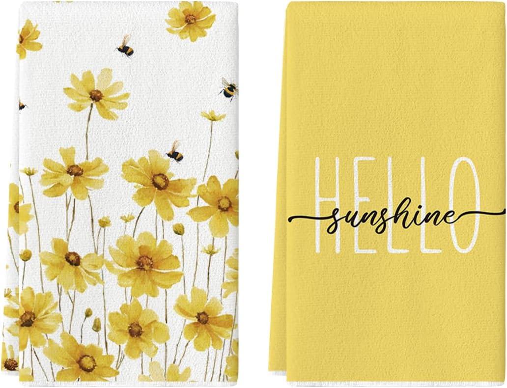 Artoid Mode Yellow Flowers Bee Hello Sunshine Spring Kitchen Towels Dish Towels, 18x26 Inch Summer Holiday Decoration Hand Towels Set of 2
