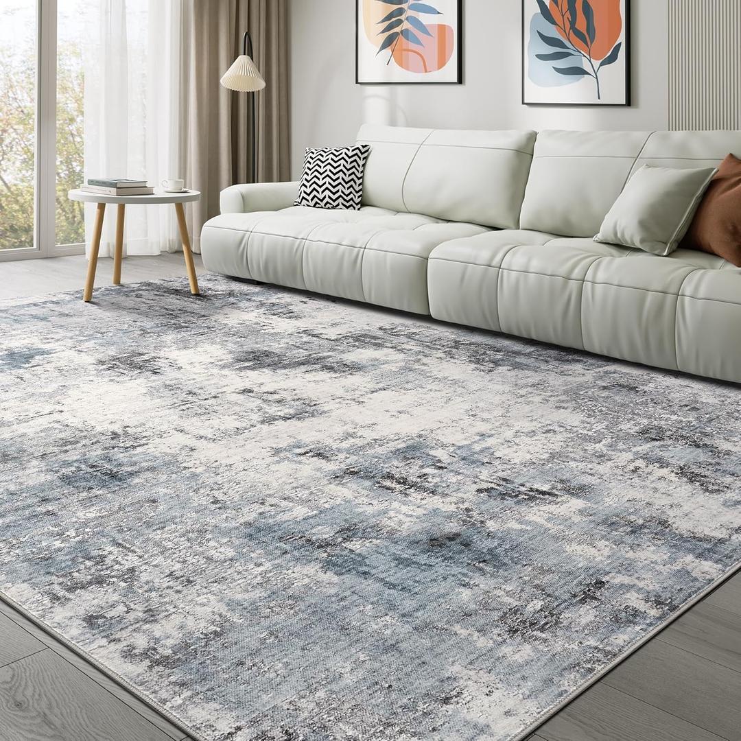Abstract 9x12 Area Rug: Machine Washable Non Slip Ultra Thin Low-Pile Carpet, Soft Stain Resistant for Living Dining Room Bedroom, Kid Pet Friendly, Robot Vacuum Compatible - Grey Blue